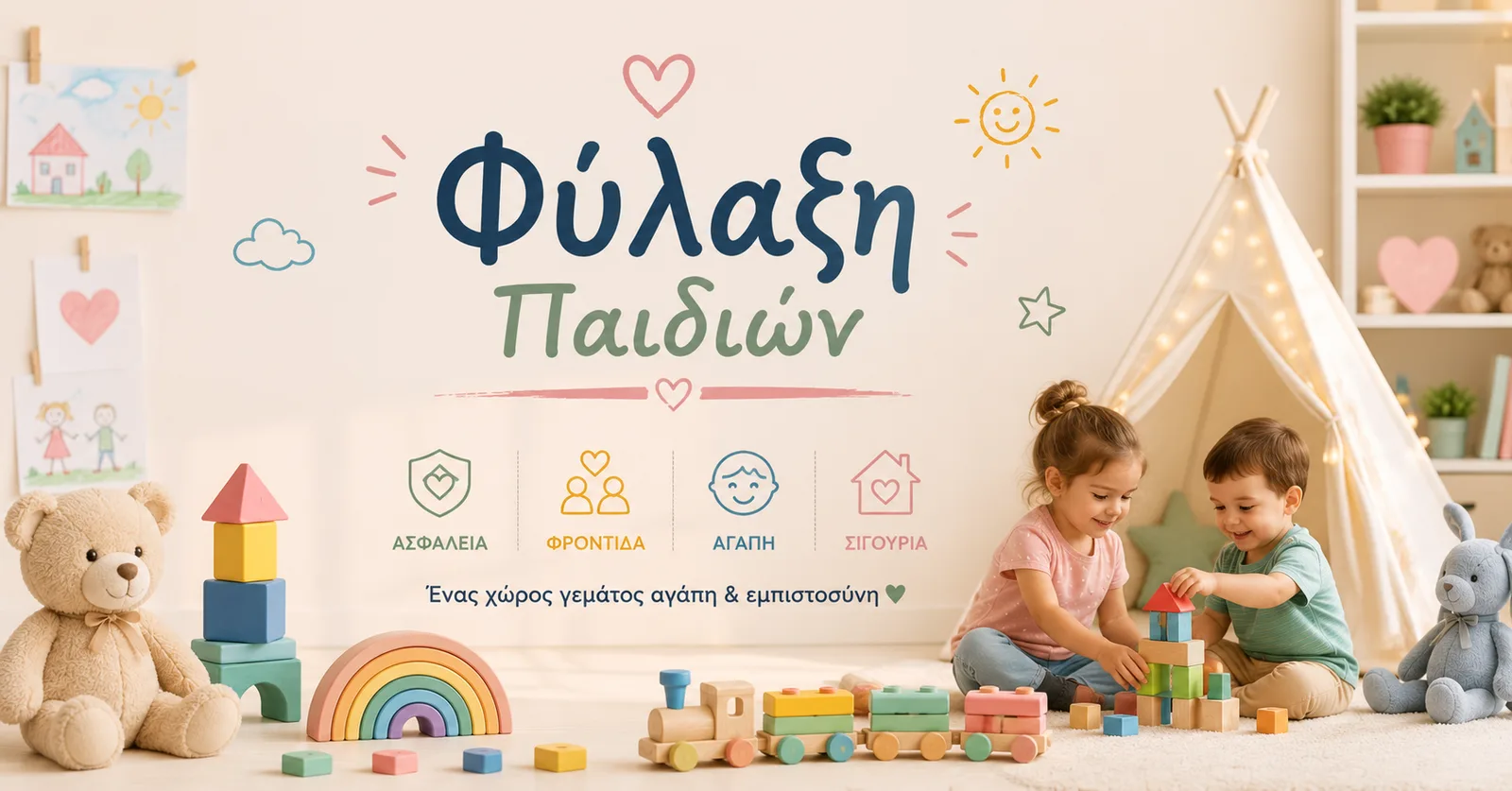 Δύο παιδιά παίζουν με ξύλινα τουβλάκια