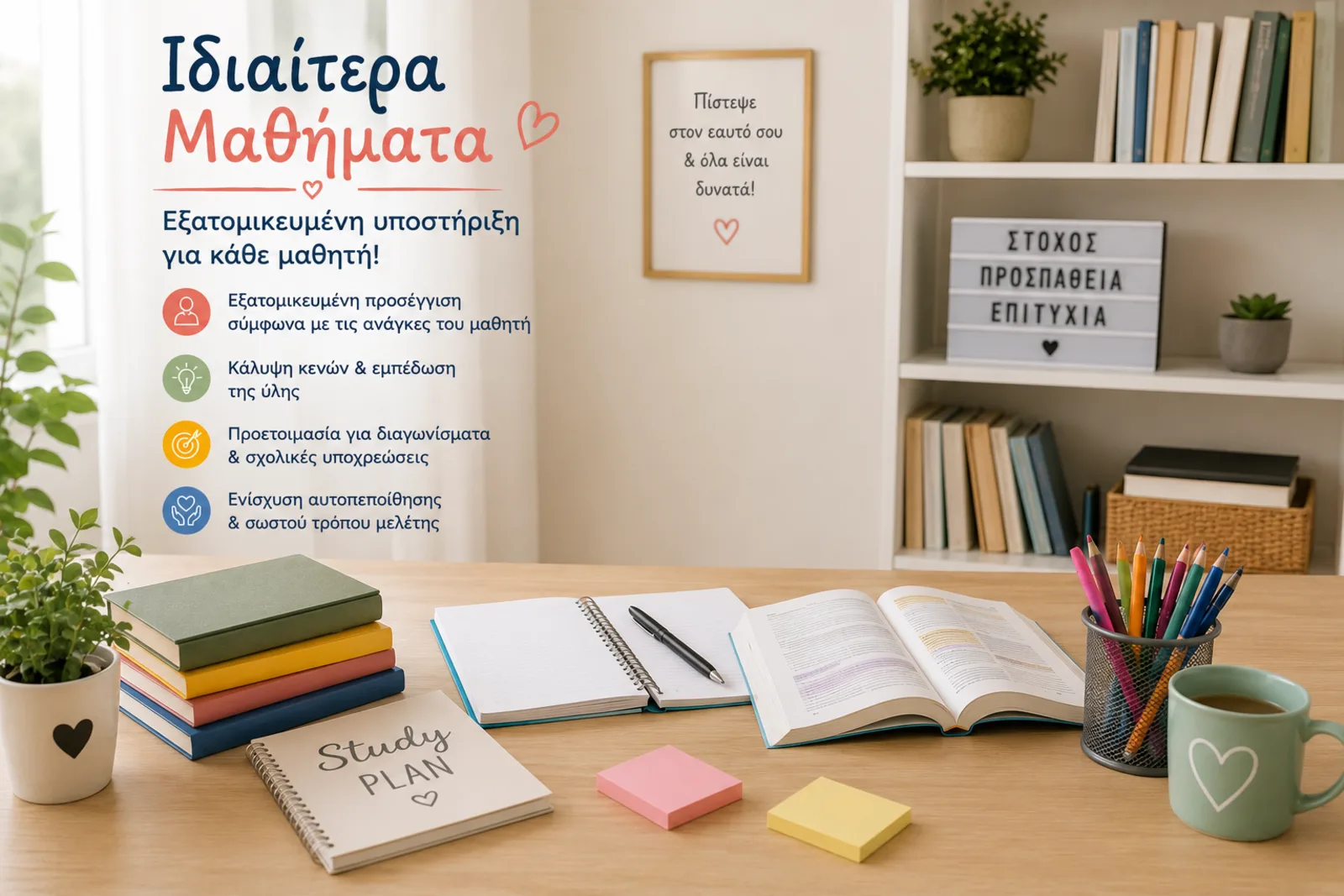 Γραφείο μελέτης με βιβλία και σημειώσεις